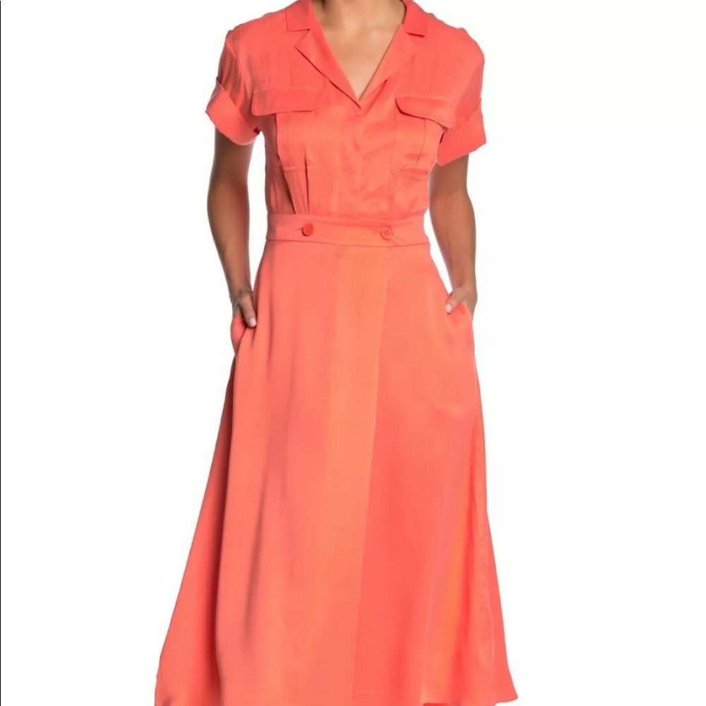 Equipment Femme Orlenna Midi Dress with Notch Collar Pockets in Hot Coral Size4